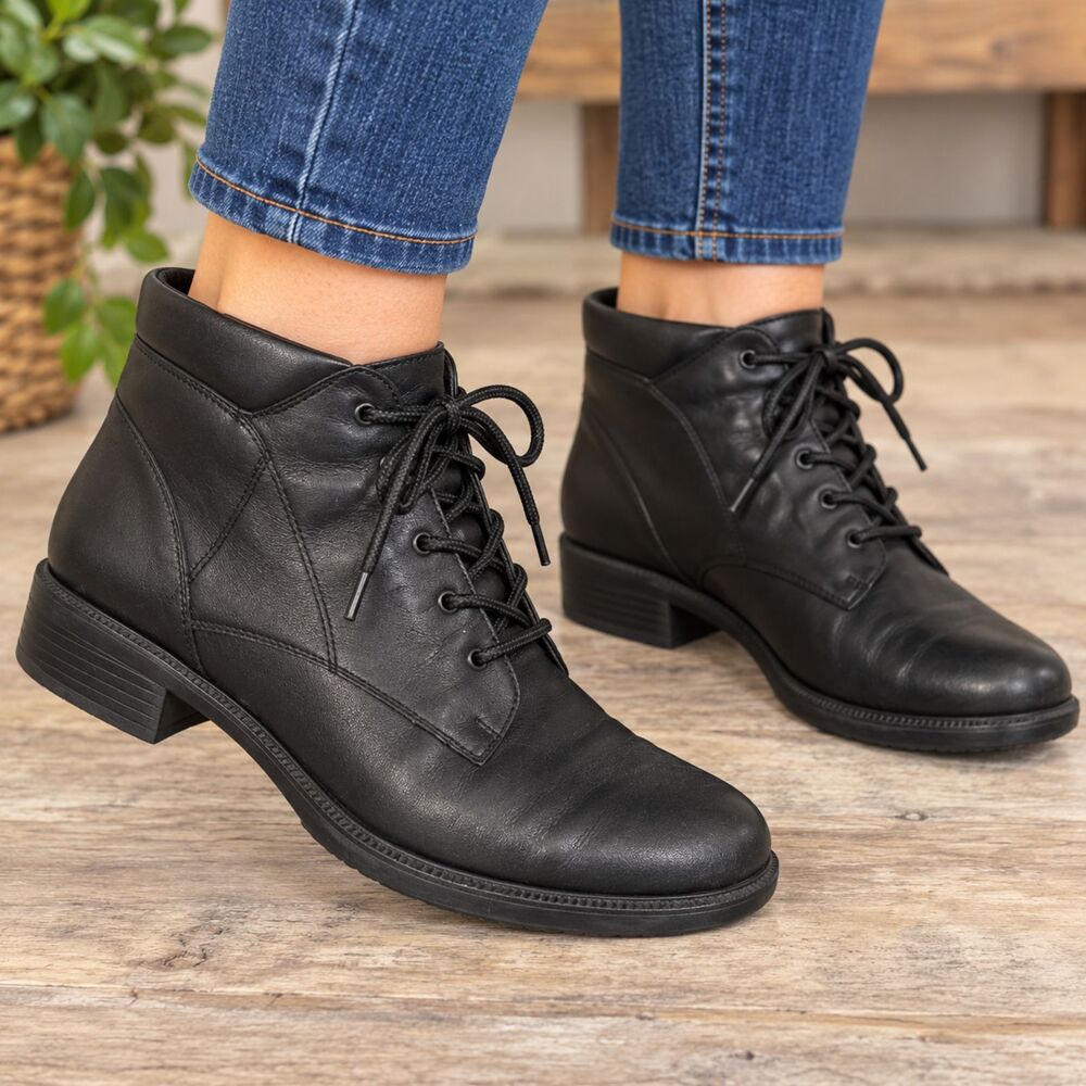 Dane XX D-Glory Women 8.5M Black Leather Lace Up Ankle Booties Boots